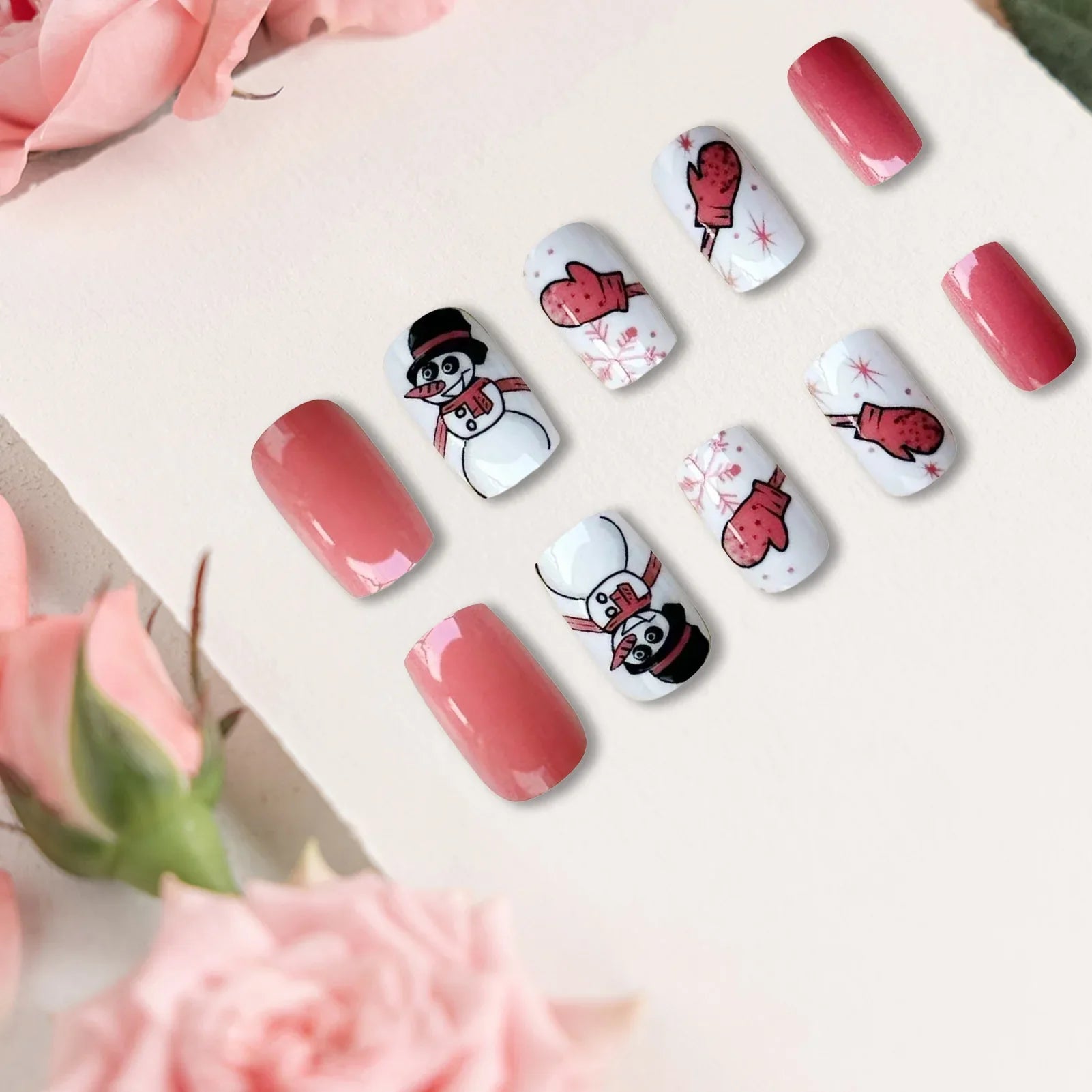 Short Square Fake Nails for Christmas Party 24Pcs White/Pink Press On Nails Snowman/Snowflake Printed Stick-on False Nails