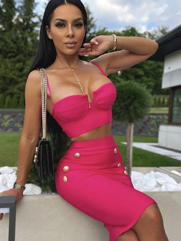Women Summer Sexy Sleeveless V Neck Button Black Beige Hot Pink Mini Bodycon Bandage Set 2022 Elegant Evening Club Party Outfits