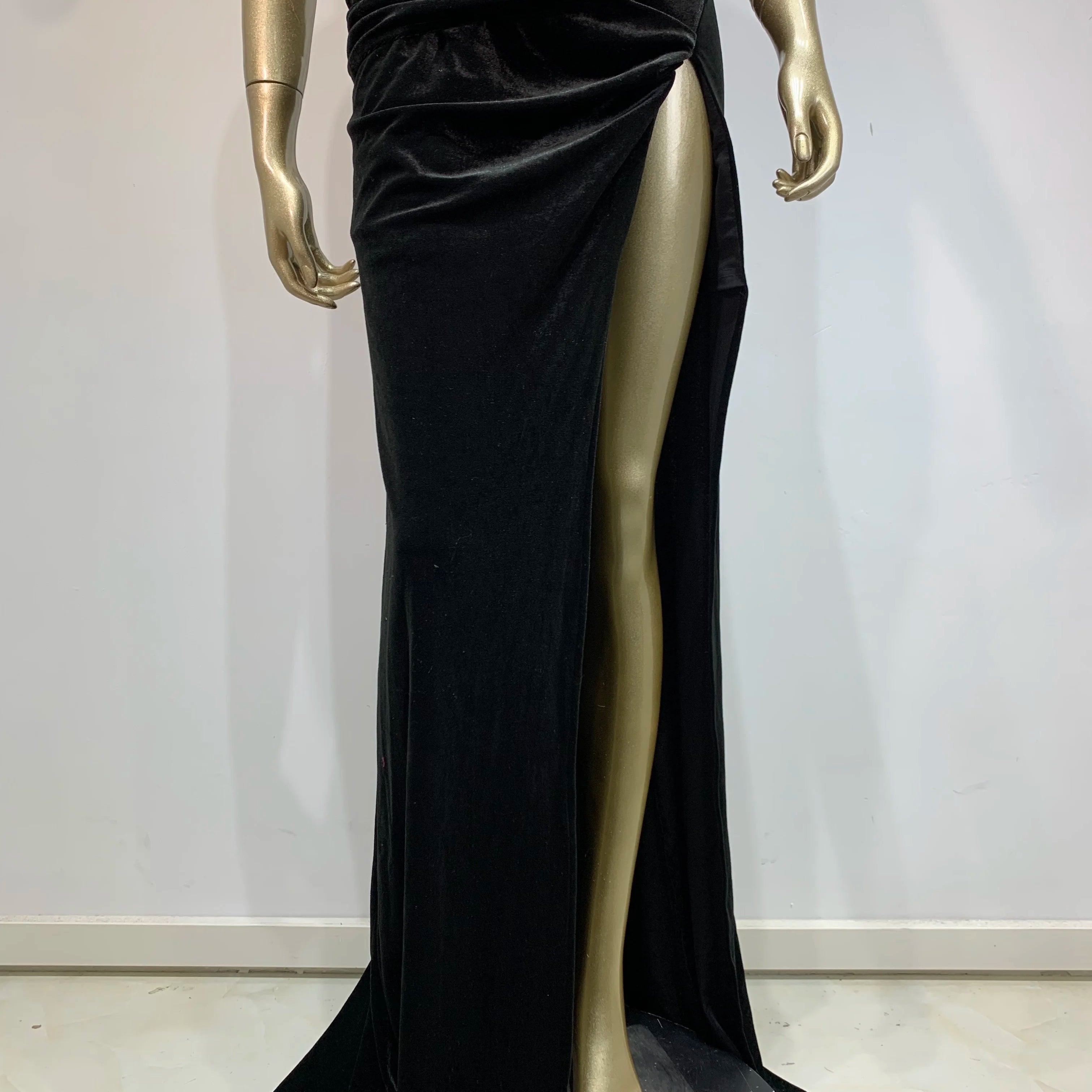 Sexy Strapless Backless Split Diamonds Black Velvet Maxi Long Women Celebrity Dress 2024 Elegant Party Evening Club Vestido