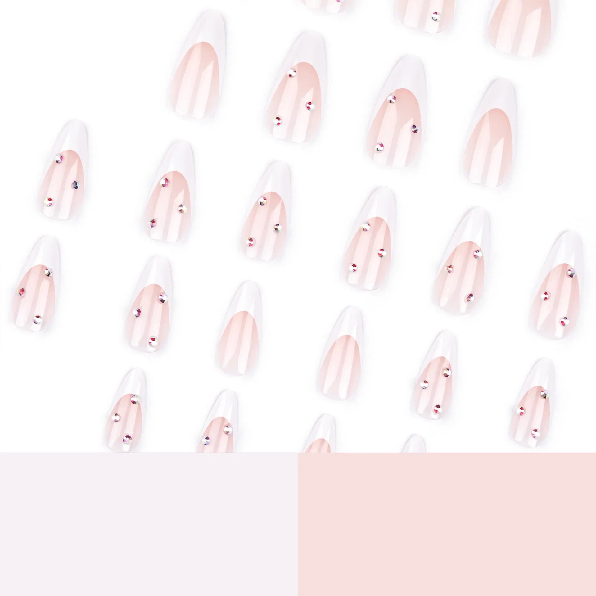 24pcs Simple French White Patchwork Fake Nails Sparkling Diamond Full Cover Almond Press on Nails Nail Tip