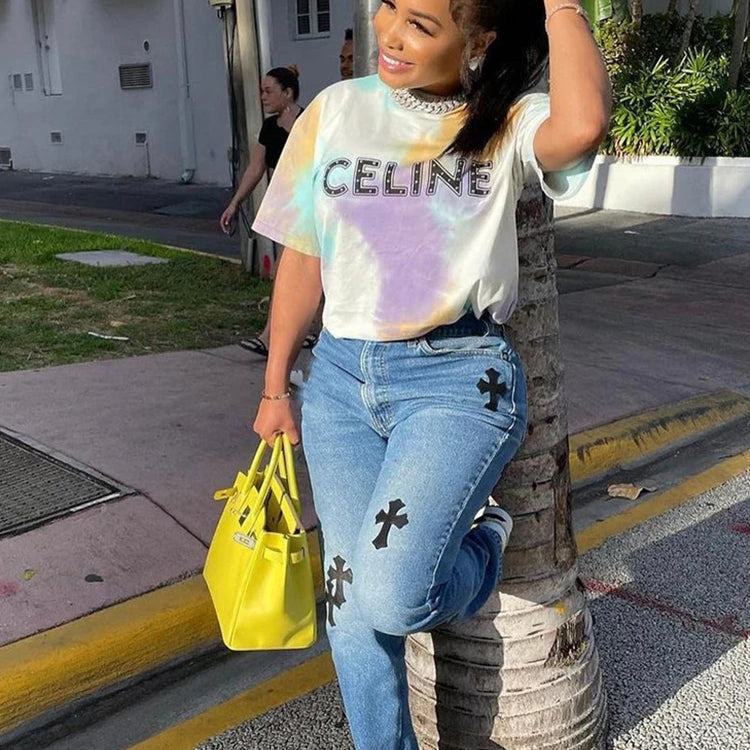 Casual Cross Printed Baggy Jeans Women Low Waist Vintage Straight Denim Trousers Cyber Y2k Goth Pants Fashion Mom Jeans