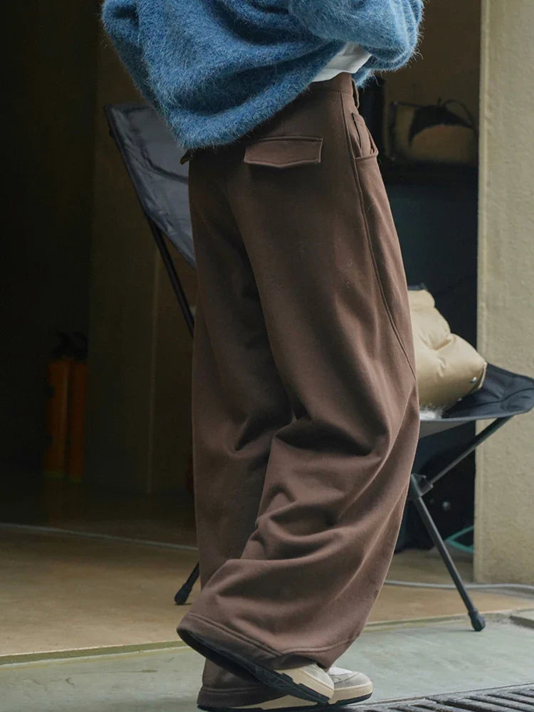 [LANMREM] Vintage Spliced Design Pants For Women High Waist Wideleg Trousers Thicking Warm Clothing Spring New 26D6432