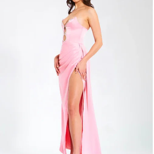 Pink Color Women Sexy Strapless Shinning Crystal Satin Bodycon High Split Dress Sweet Birthday Party Valentine's Day Dress