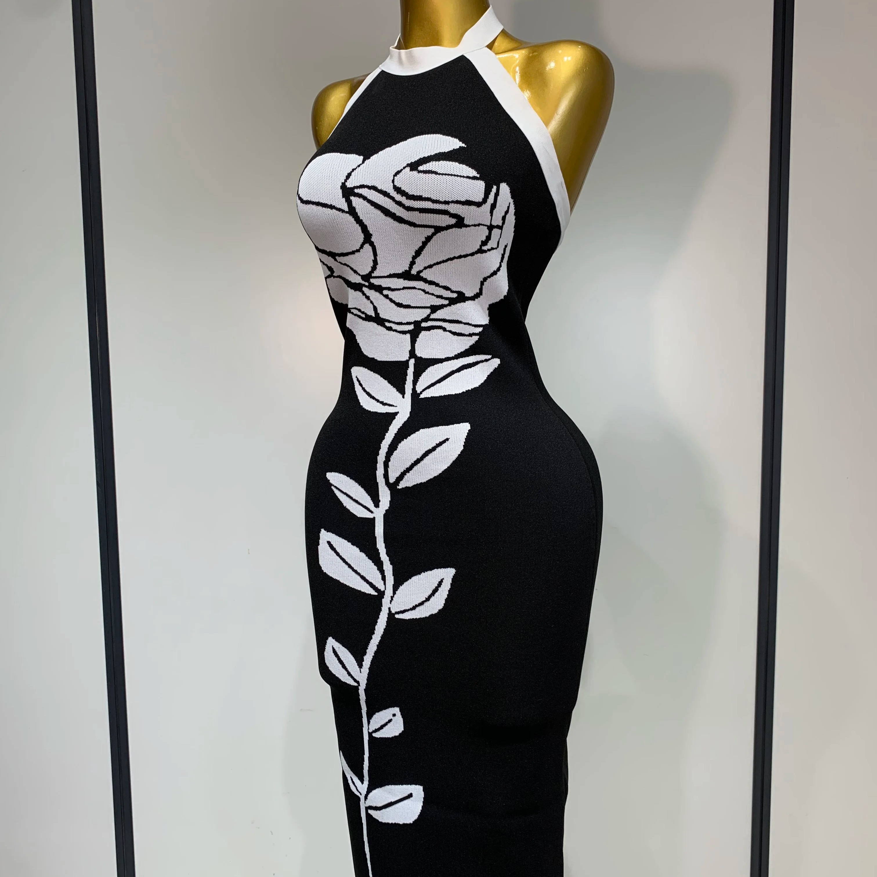 Women Fashion Celebrity Sexy Backless Rose Flower Midi Black Jacquard Bandage Dress 2025 Elegant Evening Club Party Dresses