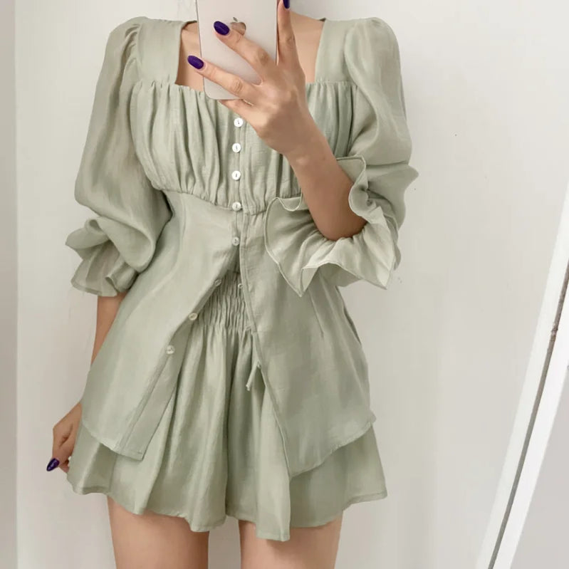 Fashion Summer Outfits for Women 2023 New Long Sleeves Blouse + Thin Shorts Sets Fairy Girls Pure Color Ladies Two Piece Set Light Green