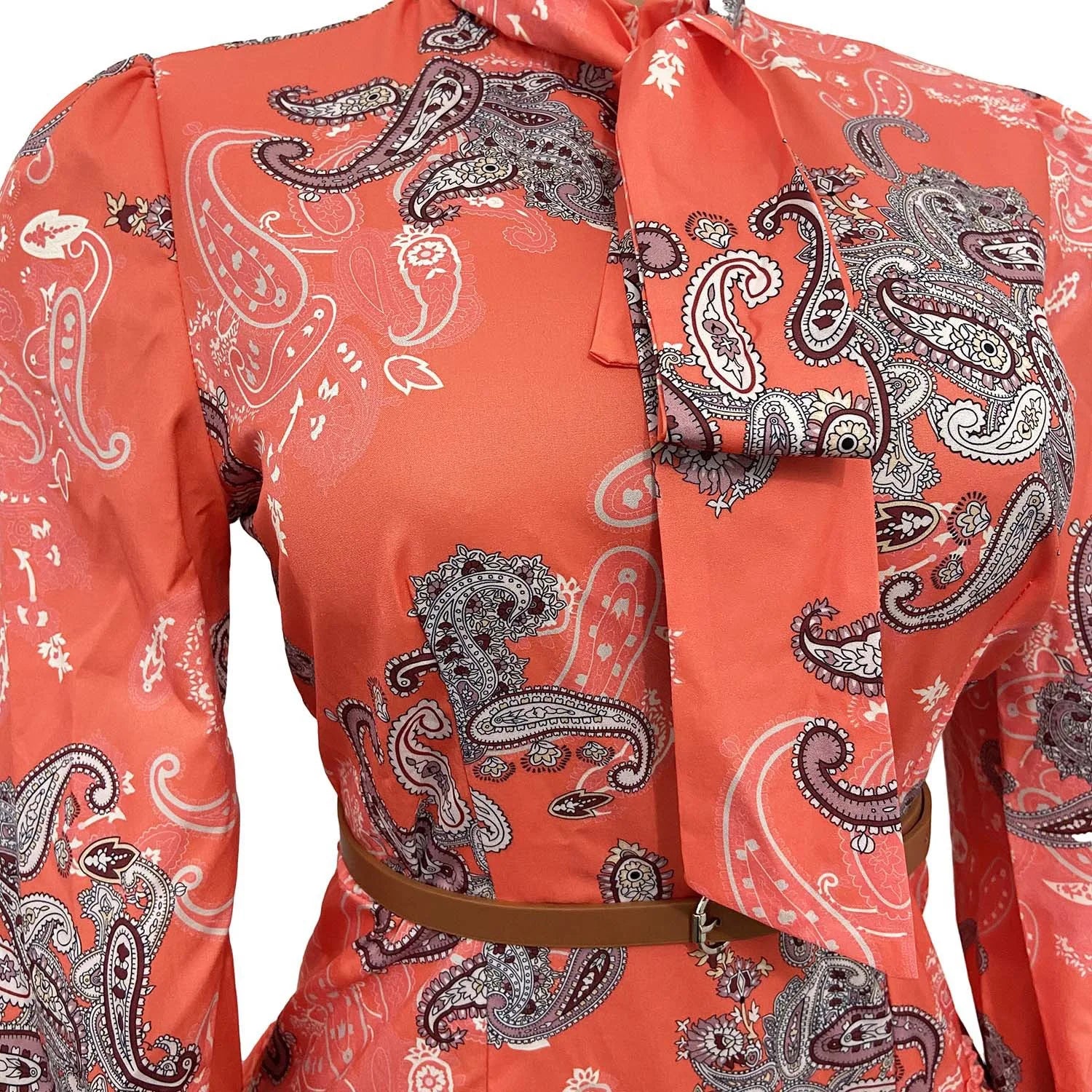 Elegant Office Ladies Dresses for Women Bow Collar Full Sleeve Belt Waisted Ruffles Knee Length Formal Business Work Vestidos OL