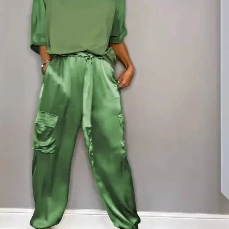 Summer Fashion New Elegant Women's Plus Size Set Street View Smooth Satin Half Sleeve Shirt Casual Pants Sports Two Piece Set