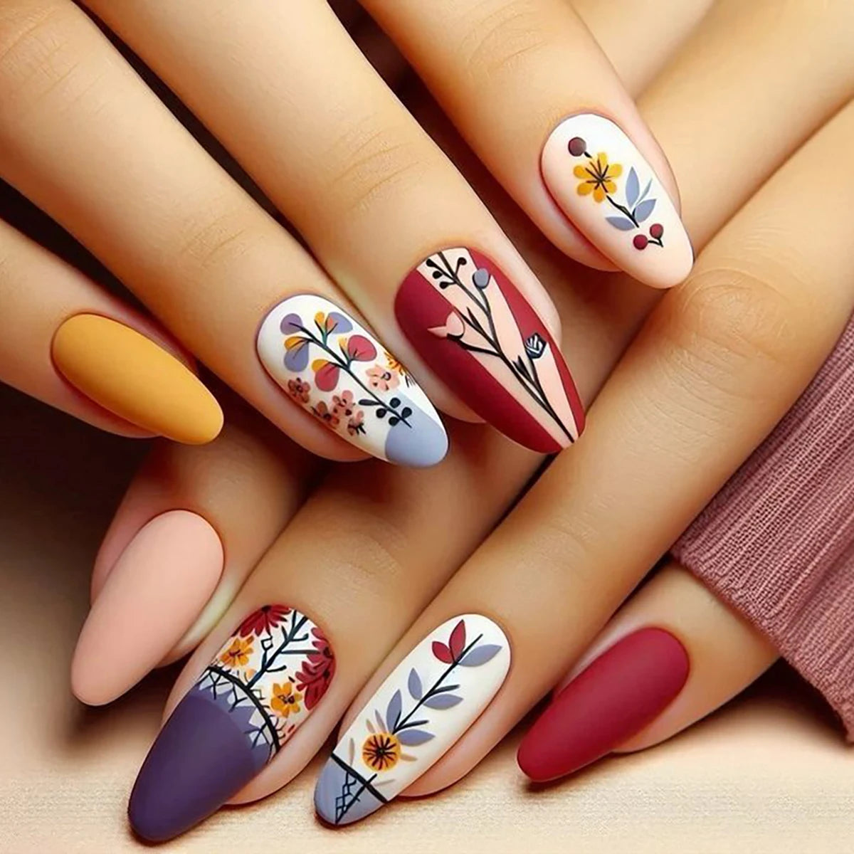 Upgrade your nail styling 24pcs medium length colorful sunset yellow fresh florets suitable for autumn and winter wear nail mani