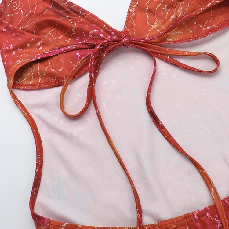 Vestido midi com alças finas e estampa colorida retrô, decote em V, slim fit, com cadarço, costas nuas, robe feminino, vestidos de verão novos