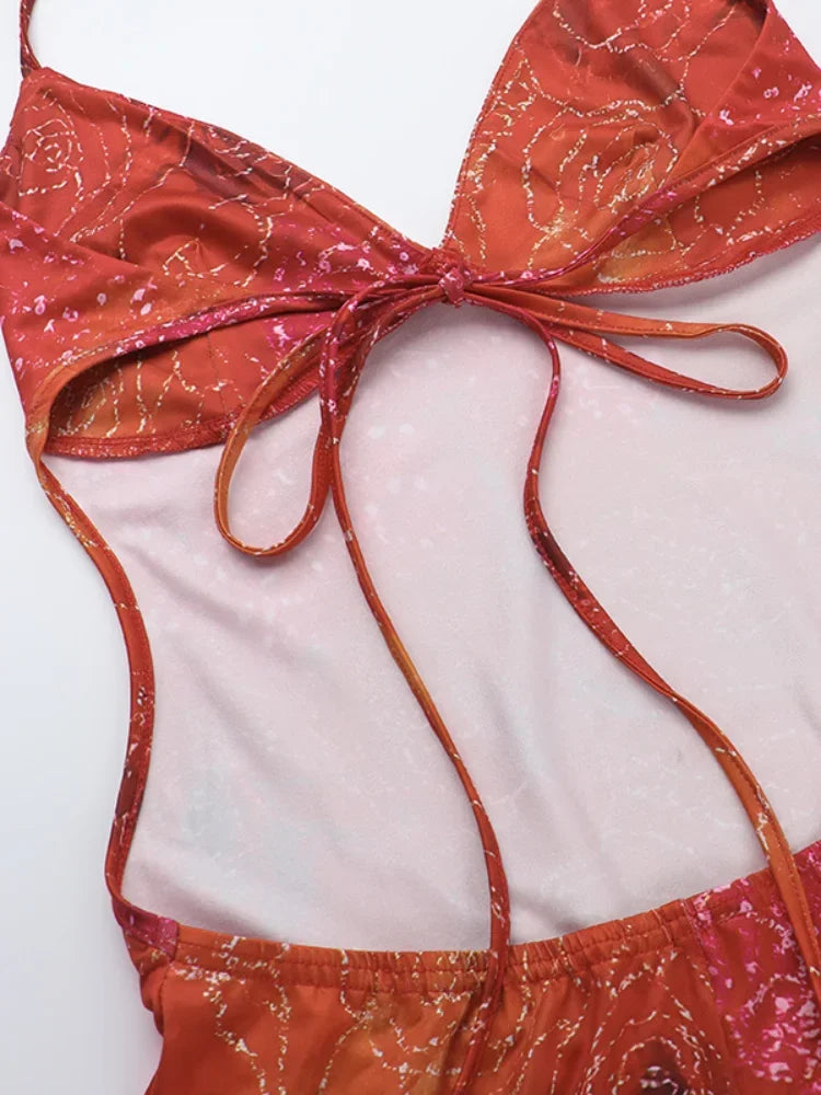 Vestido midi com alças finas e estampa colorida retrô, decote em V, slim fit, com cadarço, costas nuas, robe feminino, vestidos de verão novos