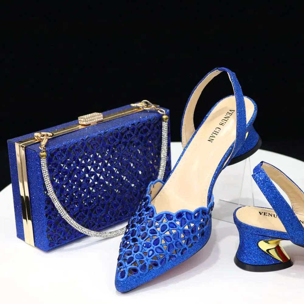 Venus Chan Low Heel Shoes for Women Hollowed Out Embroidery Rhinestone Italian Design Gold Color Pointed-Toe Shoes and Bags Set R.BLUE FOR SET