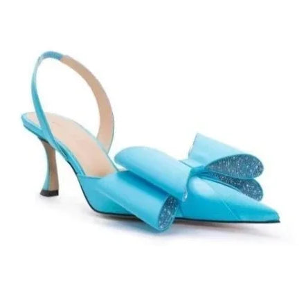 Butterfly-Knot Satin Rhinestones Sandals Pointed Toe High Heels Kitten Heel Women Luxury Designer Mules Solid Back Strap Shoes