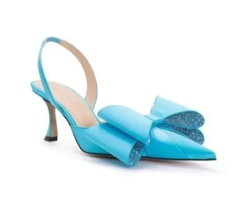 Butterfly-Knot Satin Rhinestones Sandals Pointed Toe High Heels Kitten Heel Women Luxury Designer Mules Solid Back Strap Shoes