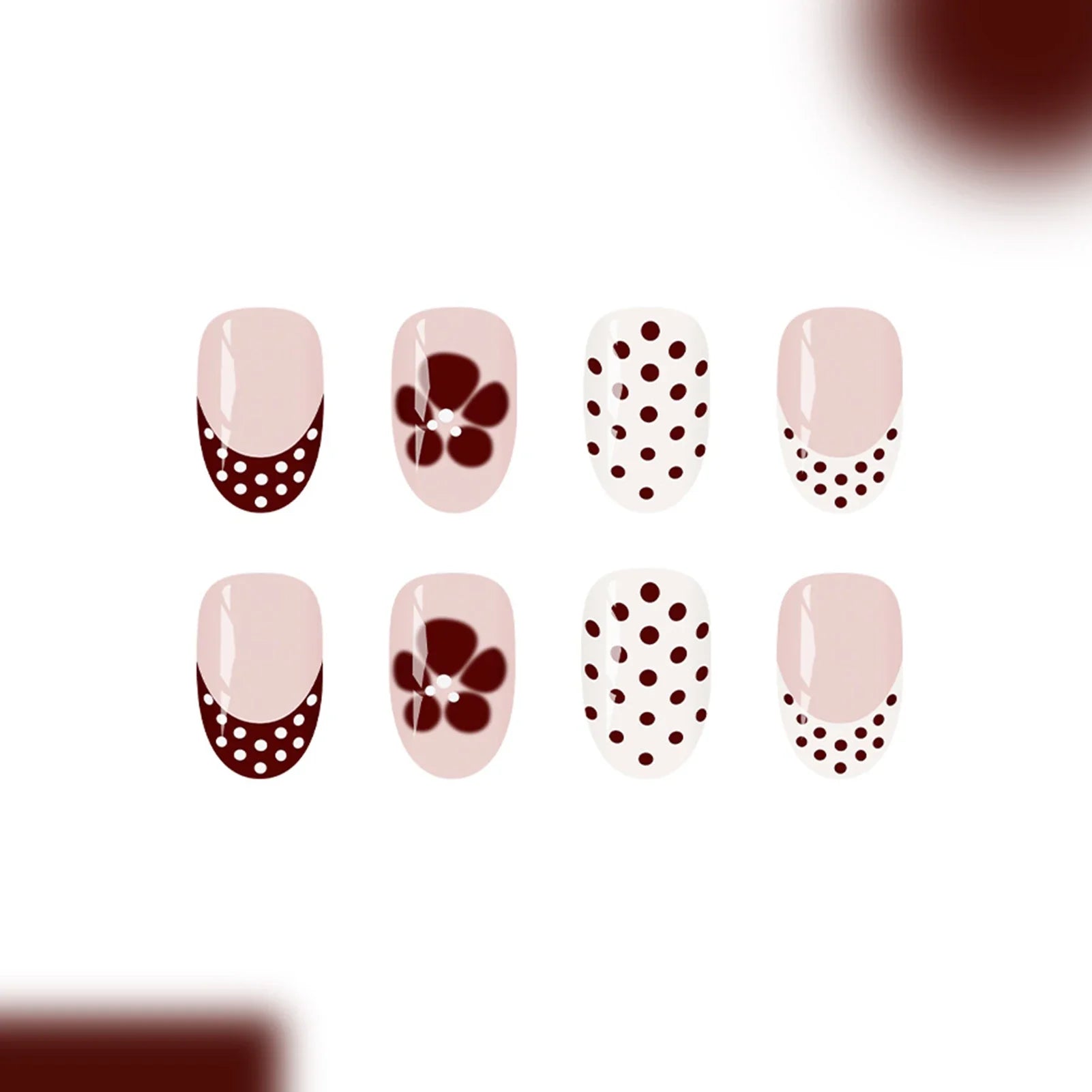 24Pcs Red Brown French Press on Nails Polka Dot Flower Printed Short Oval Shaped Fake Nails Nude Color Charm Manicure Nails Art