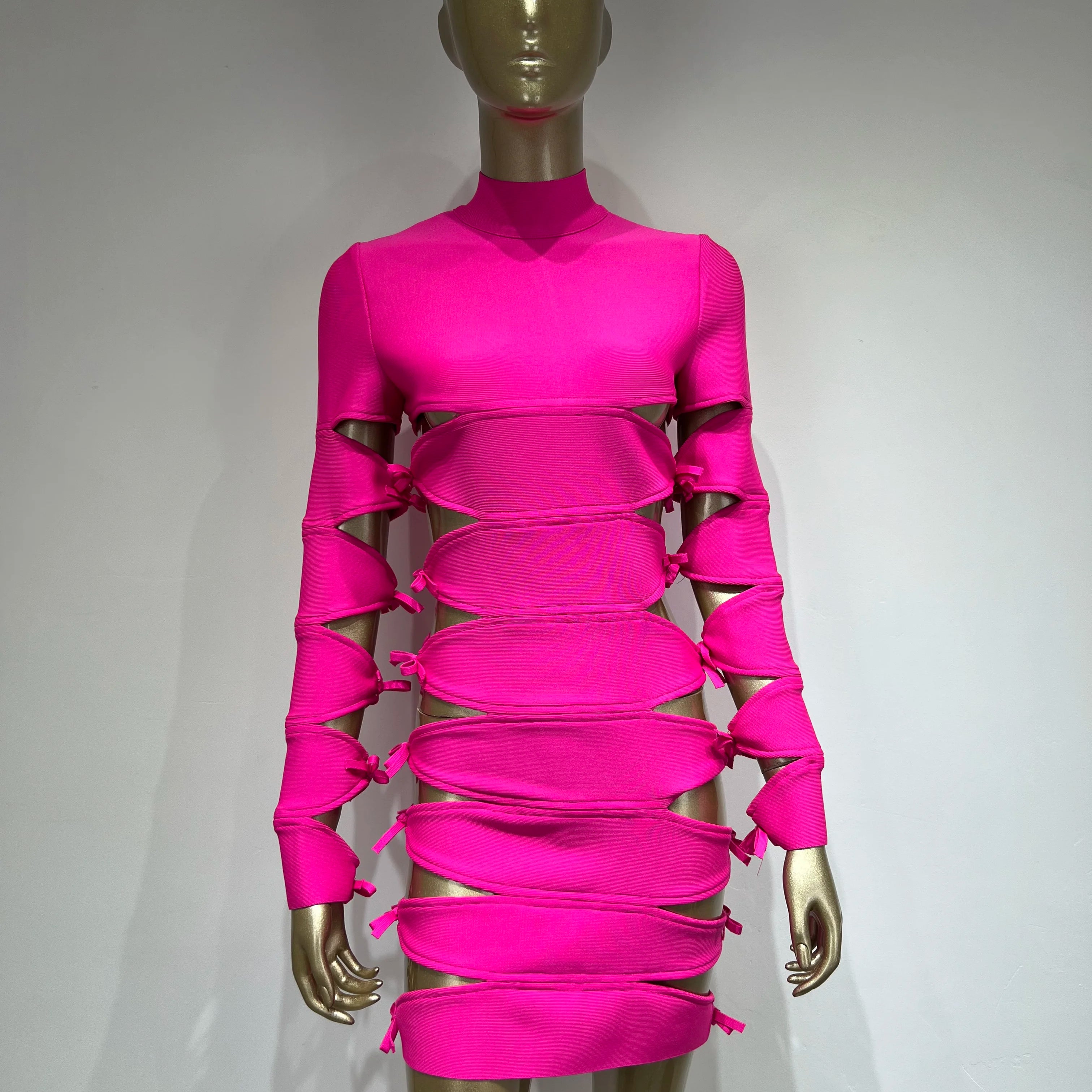 Autumn Fashion Women Sexy Long Sleeve Hollow Out Pink Bow Tie Mini Bandage Dress 2023 Elegant Evening Club Party Dress