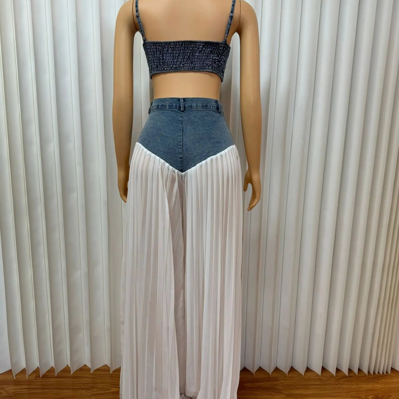 CM.YAYA Fashion Denim Chiffon Women's Set Strapless Crop Top and Jeans Pants Suits 2025 Sexy Party Club Two 2 Piece Set Outfits