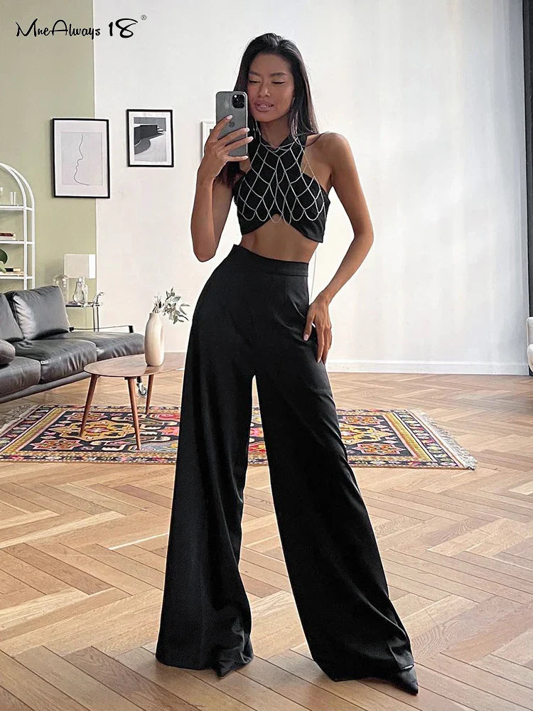 Mnealways18 Fashion Classy Women Palazzo Pants High Waist Floor-Length Satin Trousers Spring Summer High Street Baggy Pants