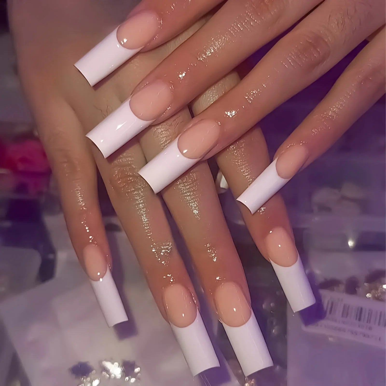 Long Coffin False Nails Minimalist Charm Manicure 24Pcs White French Press On Nails Nude Color Stick-on Fake Nails Patches