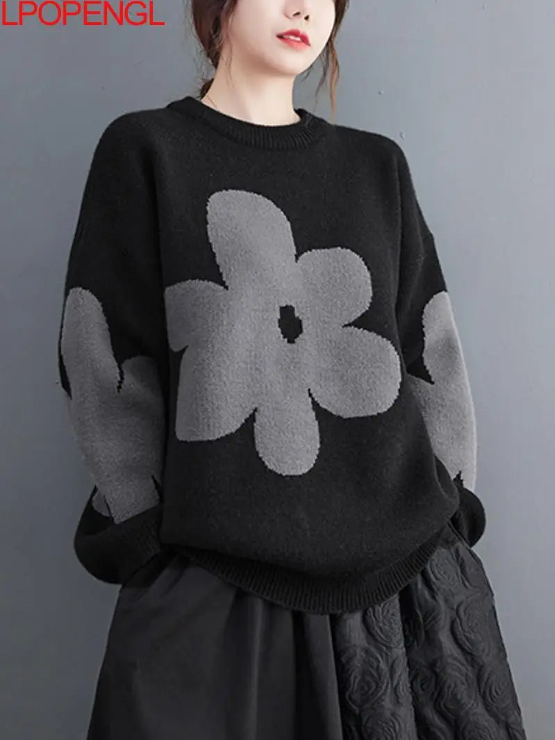 Women's Autumn And Winter Korean Bottoming Long Sleeves Flowers O-neck Pullover A-straight Vintage Sweater Trend Top