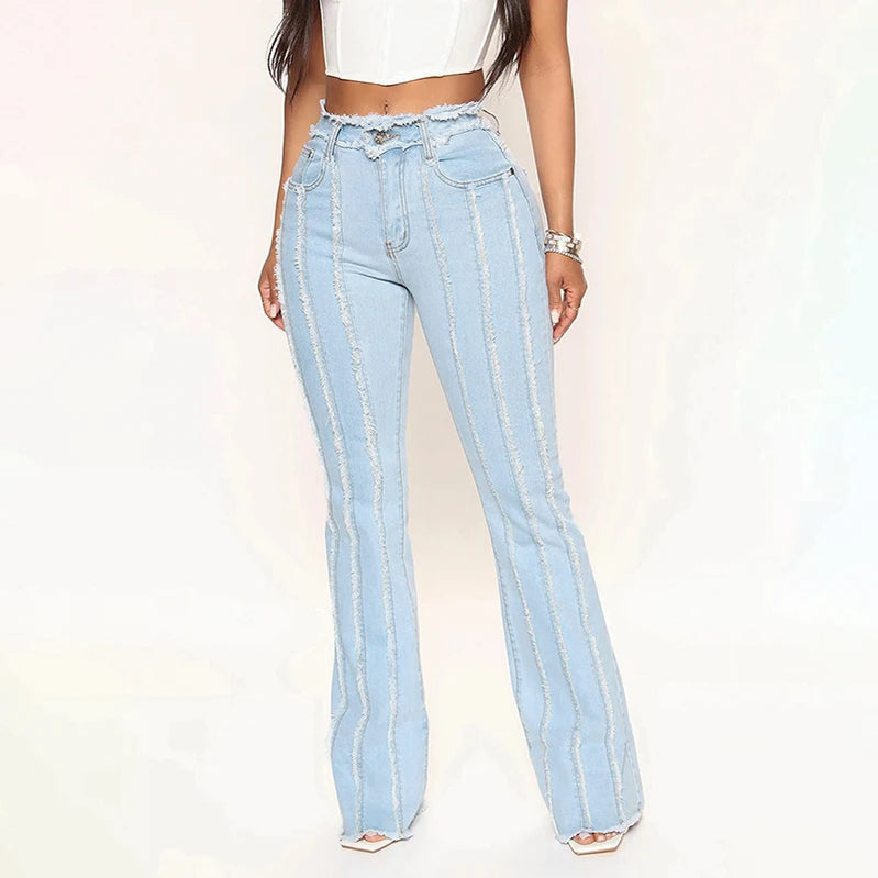 Stretch Jeans Women's Vintage Fashion High Waist Flare Jeans Women Slim Spliced Bell Bottom Streetwear Wash Denim Trousers
