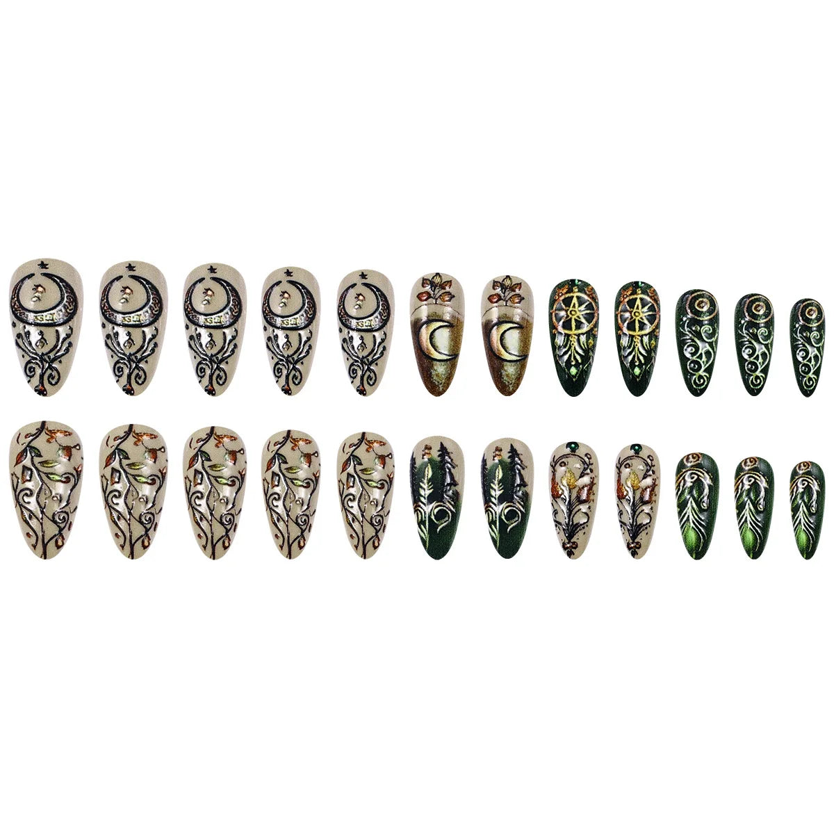 24pcs Mandala style False Nails Moon Flower Pattern Press on Nails European Retro Fake Nail Patch Women Lady Wearable Design