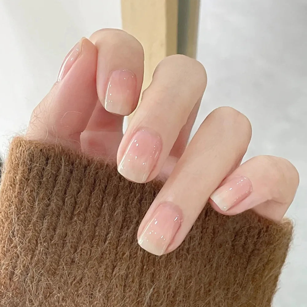 24Pcs Simple Fake Nail with Broken Diamond Short Square Press on False Nails Gradient White Wearable Ballet Full Cover Nail Tip