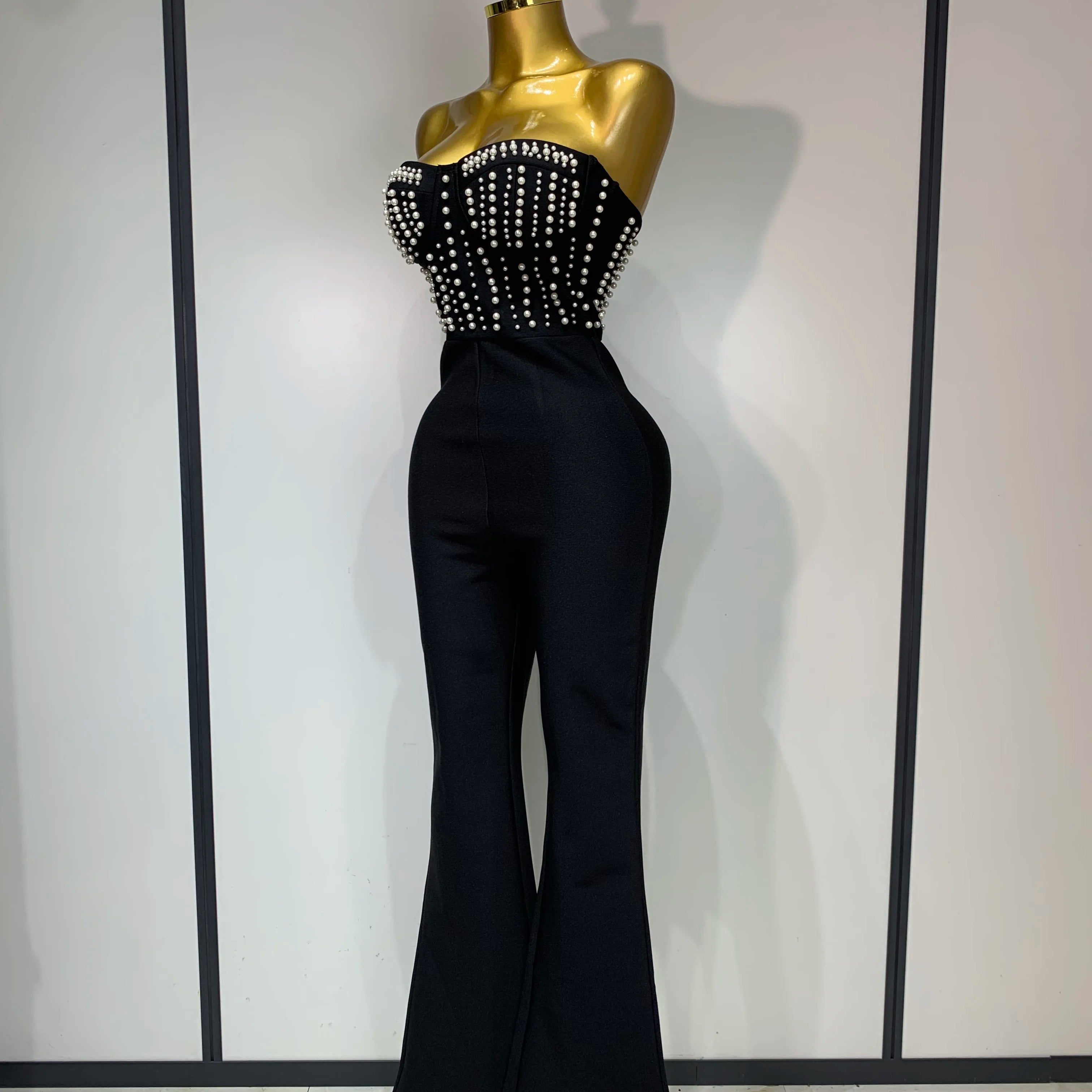 Women Sexy Black Sleeveless Backless Pearls Beaded StraplessBeading Bodycon Bandage Jumpsuit Evening Party Birthday Club Outfit
