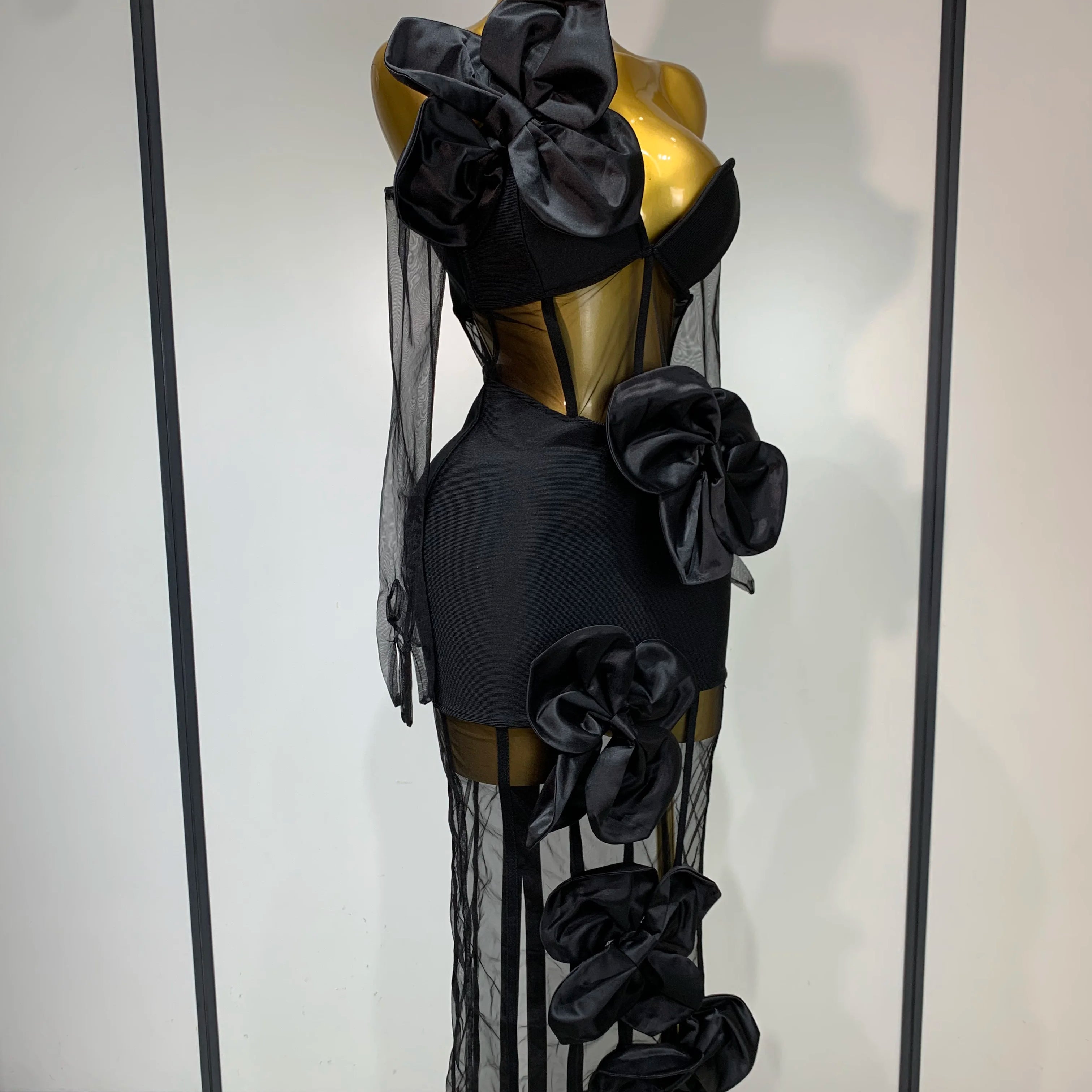 Women Sexy One Shoulder Bow Mesh See Through Bandage Bodycon Dress With Gloves Black Sleeveless Elegant Party Birthday Dresses