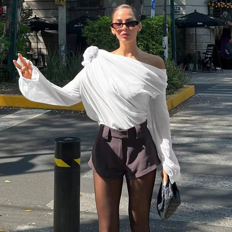 New Sexy Skew Collar Floral Applique Mesh Chiffon Tops For Women Elegant Fashion Club Cropped Tops See Through Pullover white SY59