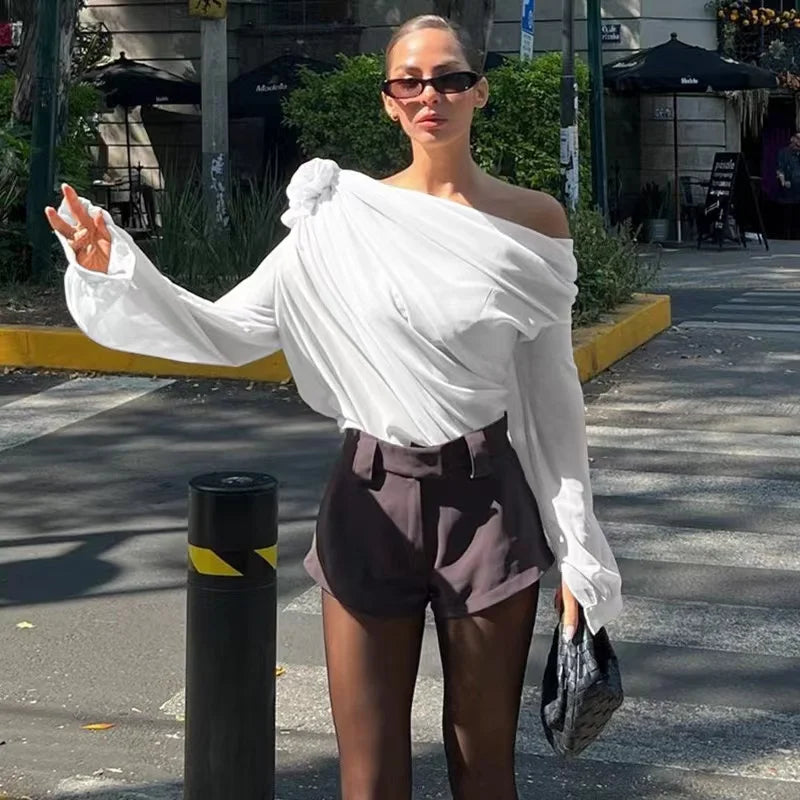 New Sexy Skew Collar Floral Applique Mesh Chiffon Tops For Women Elegant Fashion Club Cropped Tops See Through Pullover white SY59