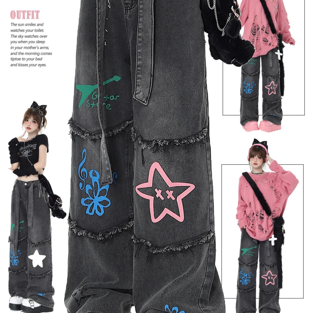 American Retro Graffiti Women's Jeans Autumn Winter Casual Star Jeans for Women Patchwork Women High Waist Y2K Pants with Belt