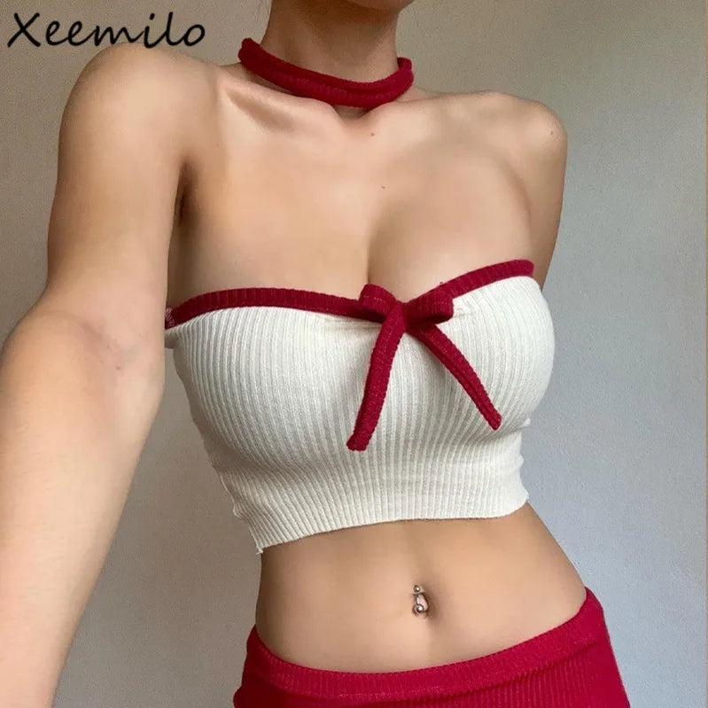 Y2K Patchwork Color Bow Stitching Tank Top Sexy Strapless Off Off Shoulder Backless Crop Tops Hot Sweet Slim Camis 2024