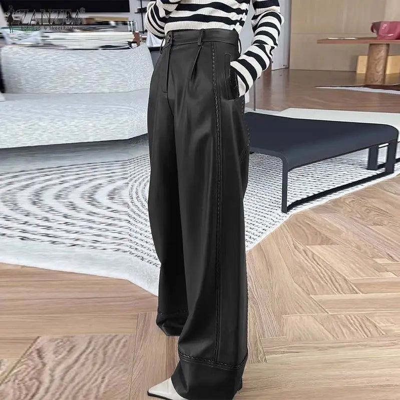 Stretchy Faux Leather Pants Sexy High Waist Pantalon Bell Bottom Flared Long Pant Women Elegant PU Wide Leg Trousers black