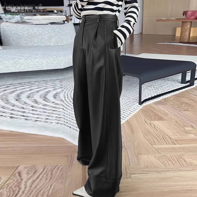 Stretchy Faux Leather Pants Sexy High Waist Pantalon Bell Bottom Flared Long Pant Women Elegant PU Wide Leg Trousers black