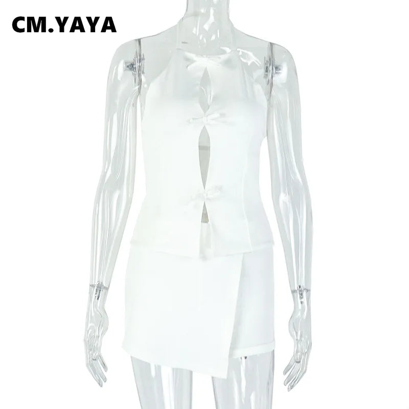 CM.YAYA 2025 Summer Women's Set Sleeveless Hollow Out Top+ Skirts Shorts Cute Street Two 2 Piece Sets Street Outfits Tracksuit