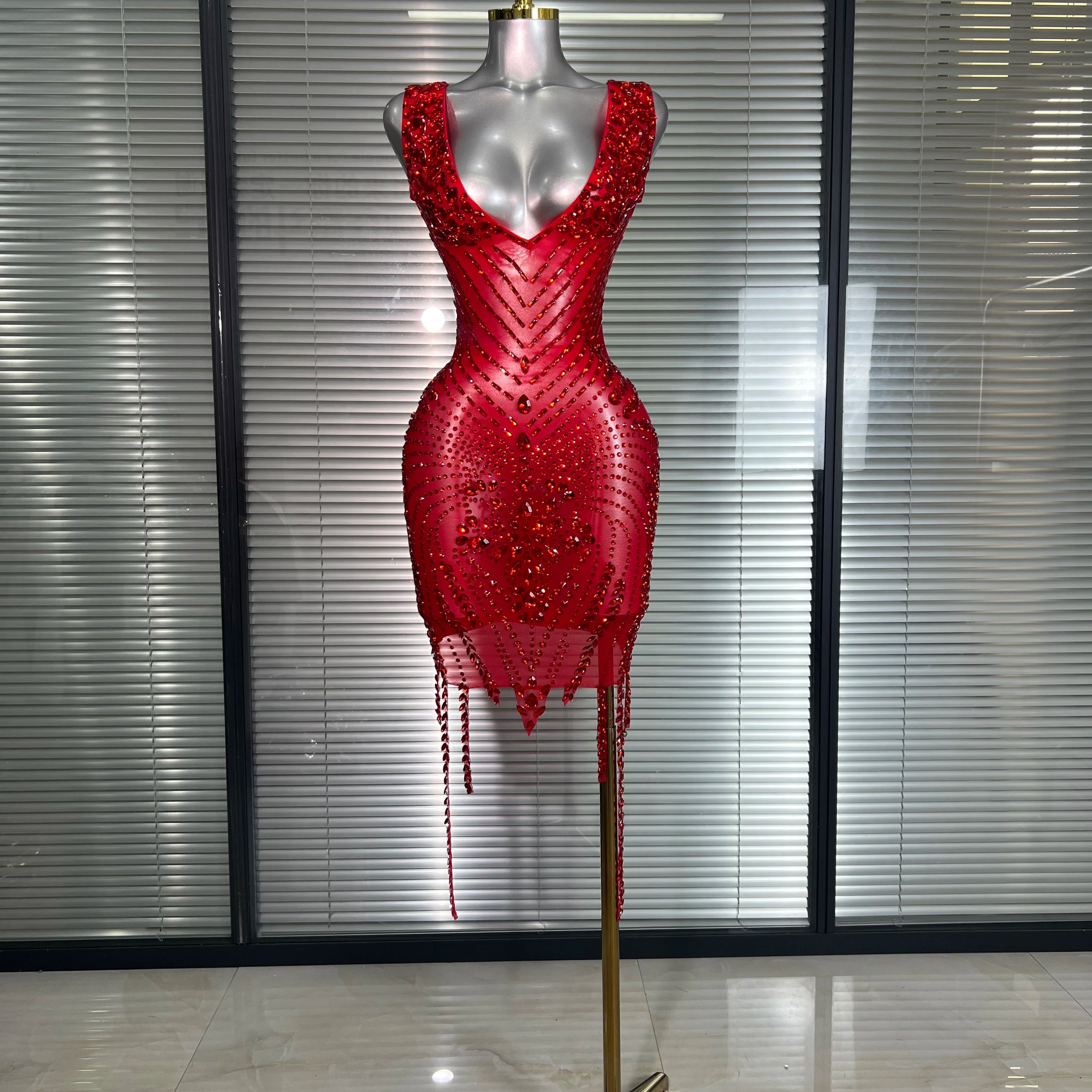 Celebrity New Women Sexy Mesh V Neck Stage Performance Costume Crystal Dancer Singer Night Club Mini Party Dress