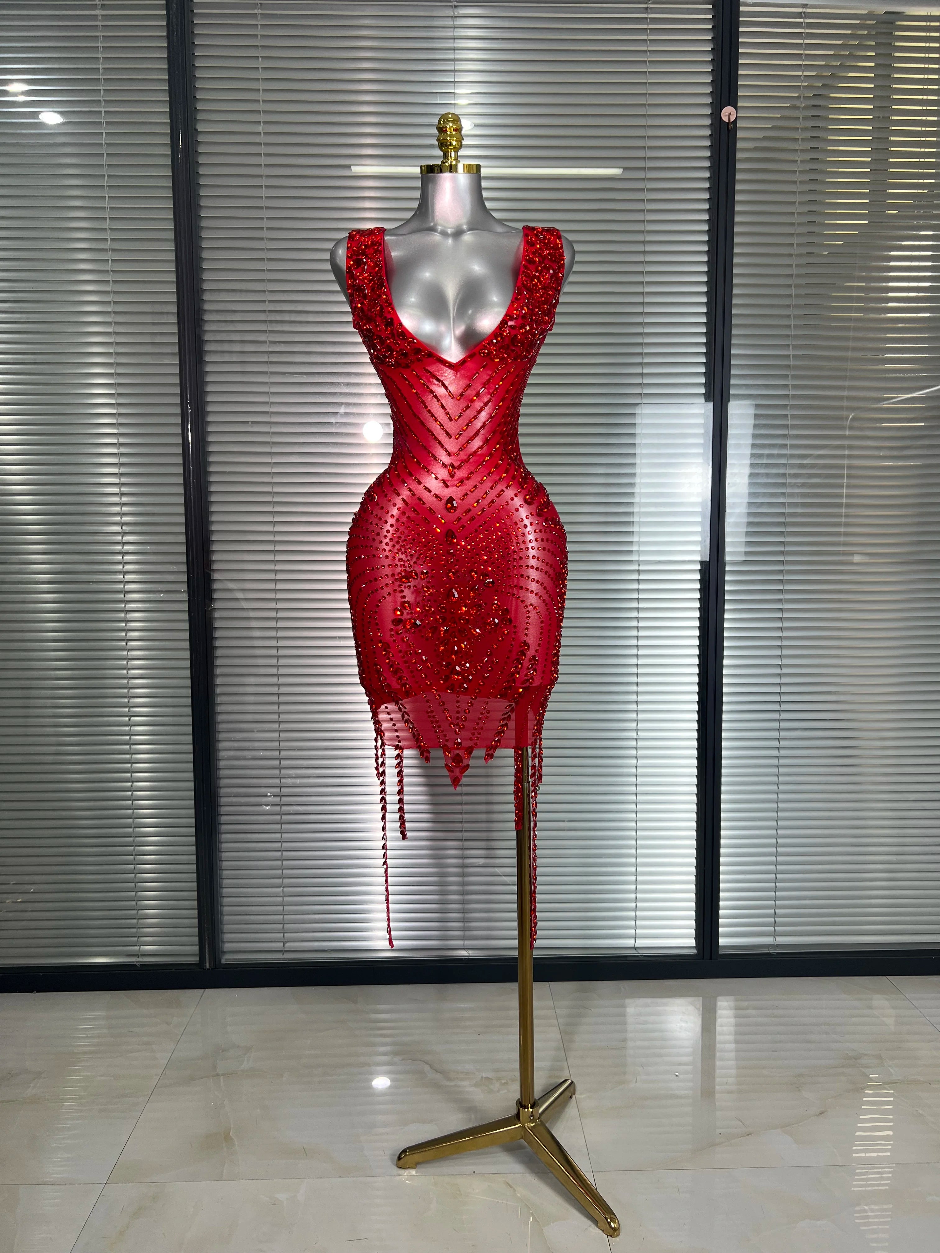 Celebrity New Women Sexy Mesh V Neck Stage Performance Costume Crystal Dancer Singer Night Club Mini Party Dress