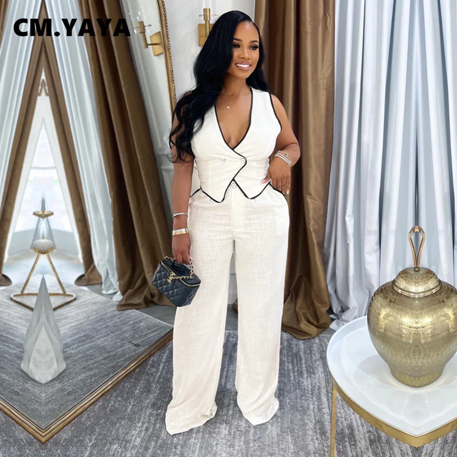 CM.YAYA Fashion Women's Set Strapless Vest Tops and Wide Leg Pants Suit 2025 Summer Street Two 2Piece Sets Outfit Tracksuit