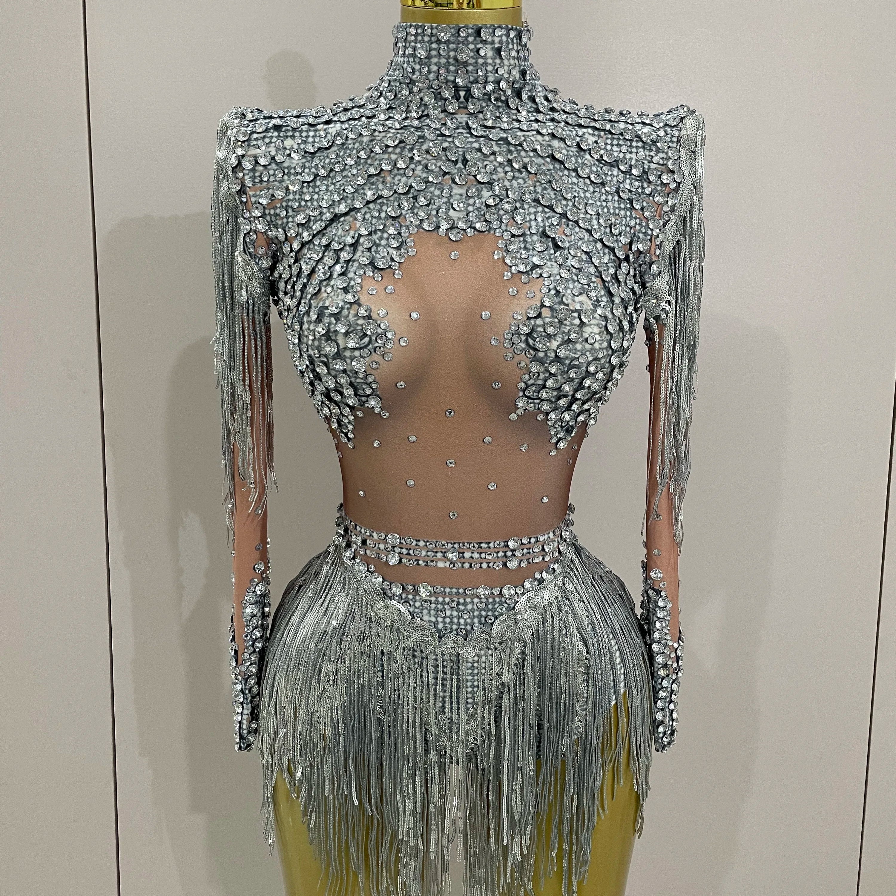 Sparkly Rhinestone Sequin Tassel Stretch Bodysuits 2025 New Arrival Women  Birthday Party Nightclub Dj Stage Performance Costume