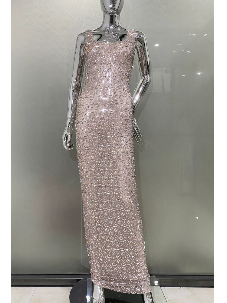 2024 Super Shining Diamonds Sexy Mesh See Through Bodycon Long Dress Fashion Woman Evening Party Dress Stage Performance Costume