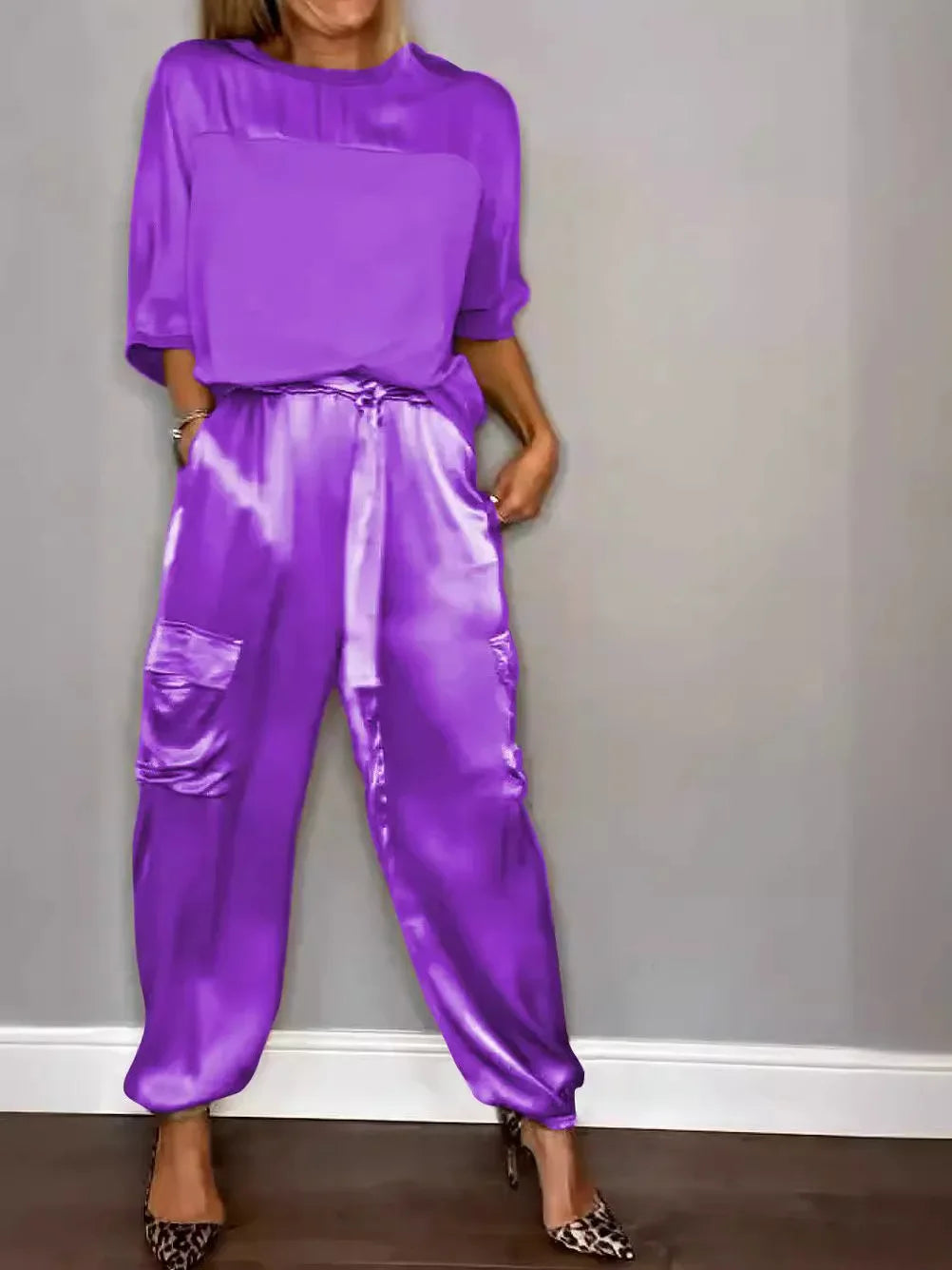 Summer Satin 2 Piece Set Women Casual Solid Color 2 Piece Outfit Half Sleeve Tops Loose Fit Pants Suit Two Piece Sets Purple