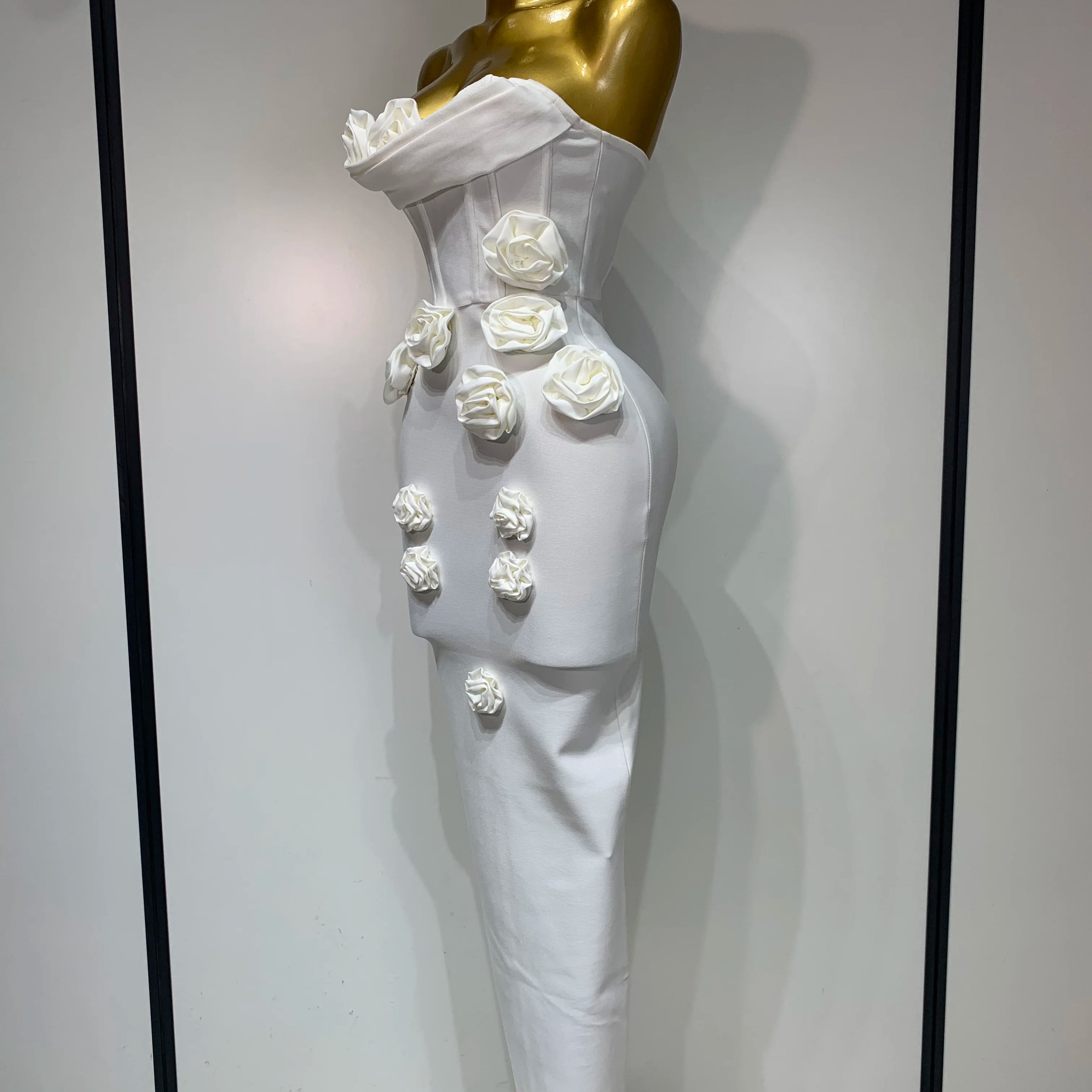 Women Sexy Bodycon Dress Fashion White Elegant Strapless Flower Slim Dress Casual Streetwear Club Birthday Party Dresses