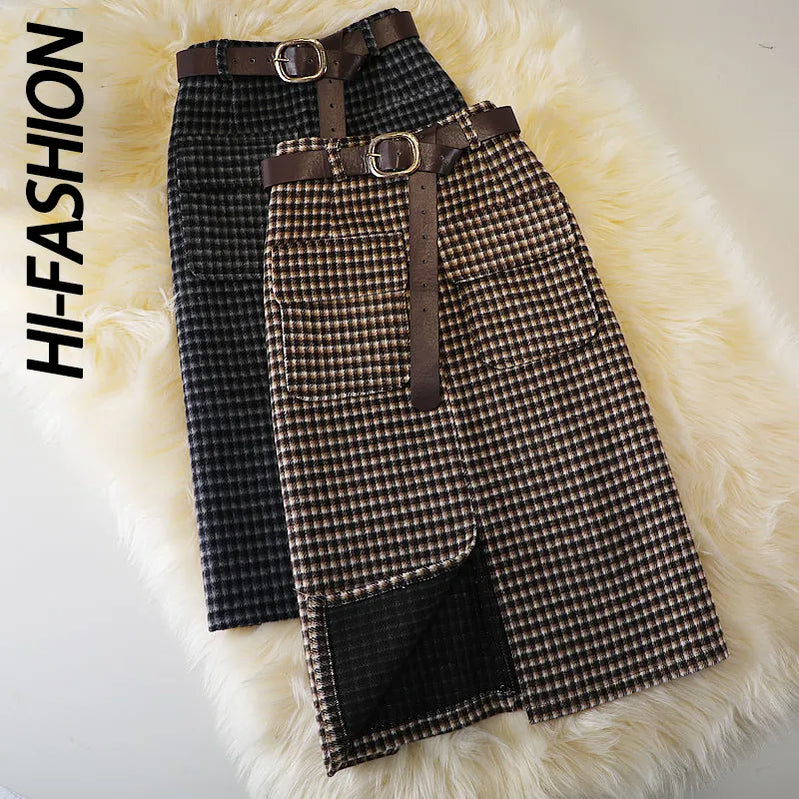 HI-FASHION الصوفية منقوشة تنورة الإناث الخريف جديد عالية الخصر جيب سبليت منتصف طول التنانير الكورية الشتاء خطوة واحدة حجم كبير تنورة