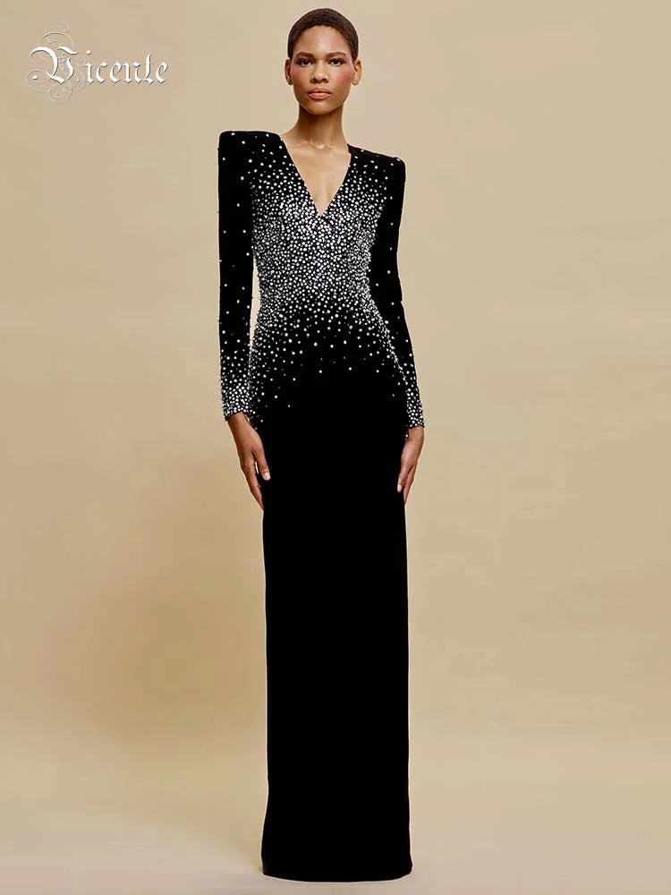 VC Black Long Sleeves Pearls Embellished Long Dress For Women V Neck Beaded Celebrity Party Evening Gowns Vestidos