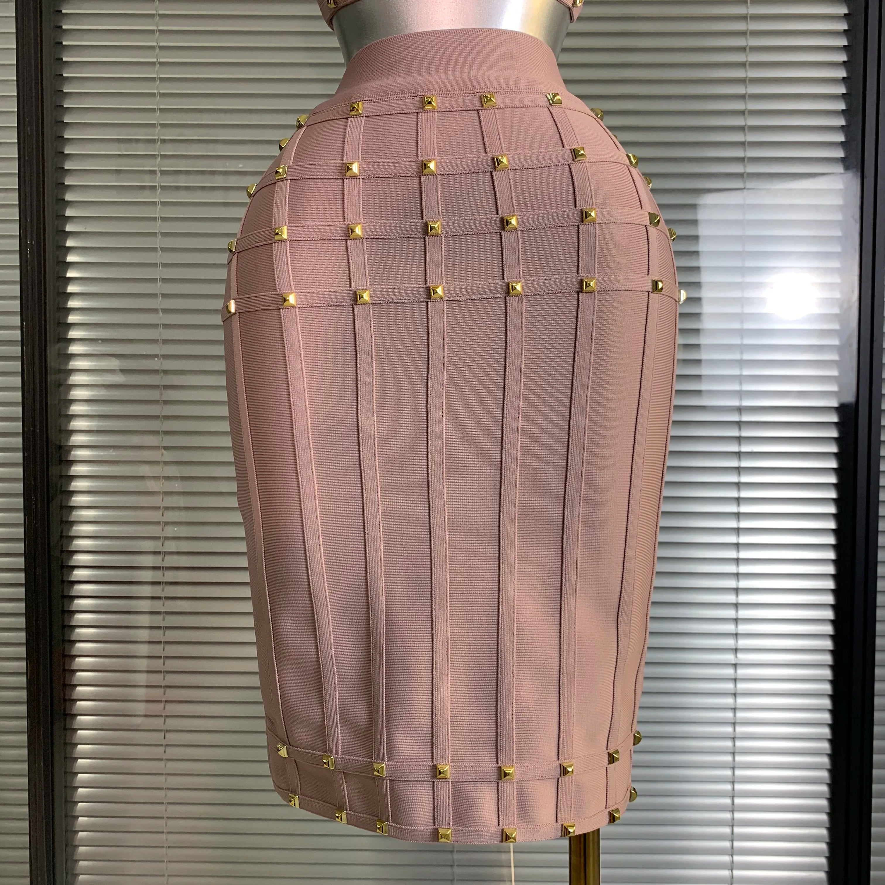 Summer New 2025 Women Sexy Pink Rivet Bandage Two Piece Set Celebrity Evening Party Skirt Suits