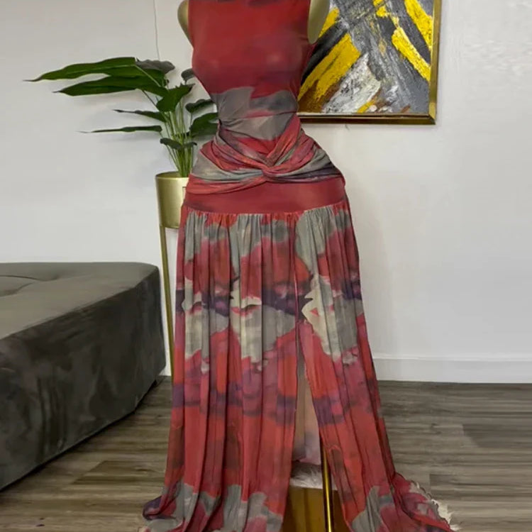 CM.YAYA Elegant Women Print Sleeveless Sweet O-neck Floor-Length Long Dress 2025 Beach Party Birthday Sexy Split Pleated Dresses