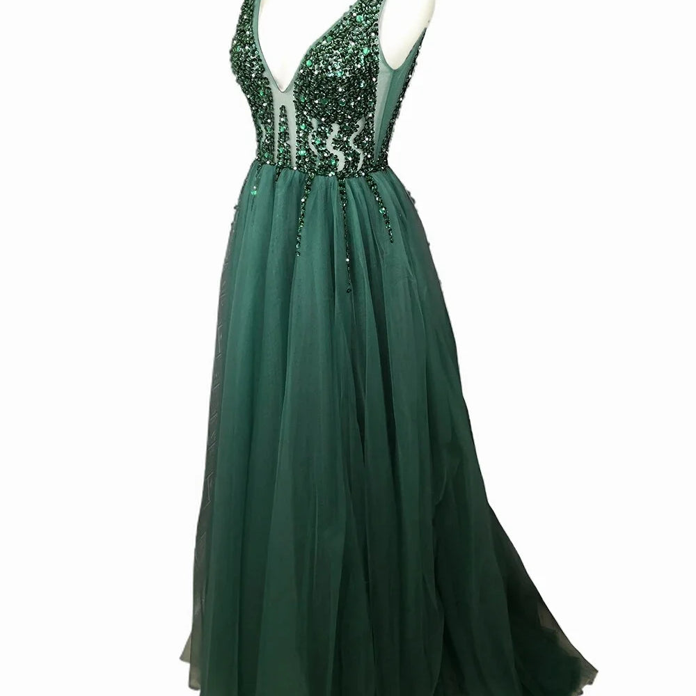 Sexy V Neck Evening Dresses for Women Green Crystal Beaded Beads Backless Prom Formal Gown