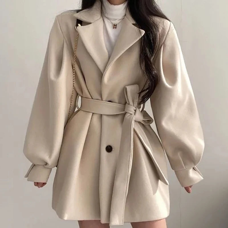 Women Woolen Lace-up Trench Coat With Pockets Turn-down Collar Buttons Long Sleeve TRAF Coat Overcoat Women Fall Winter