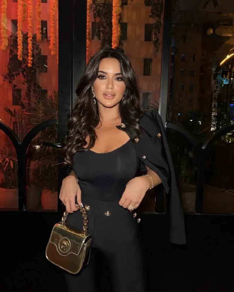 Celebrity Black Long Sleeve 2 Pieces Rayon Bandage Set Evening Party Set Vestidos