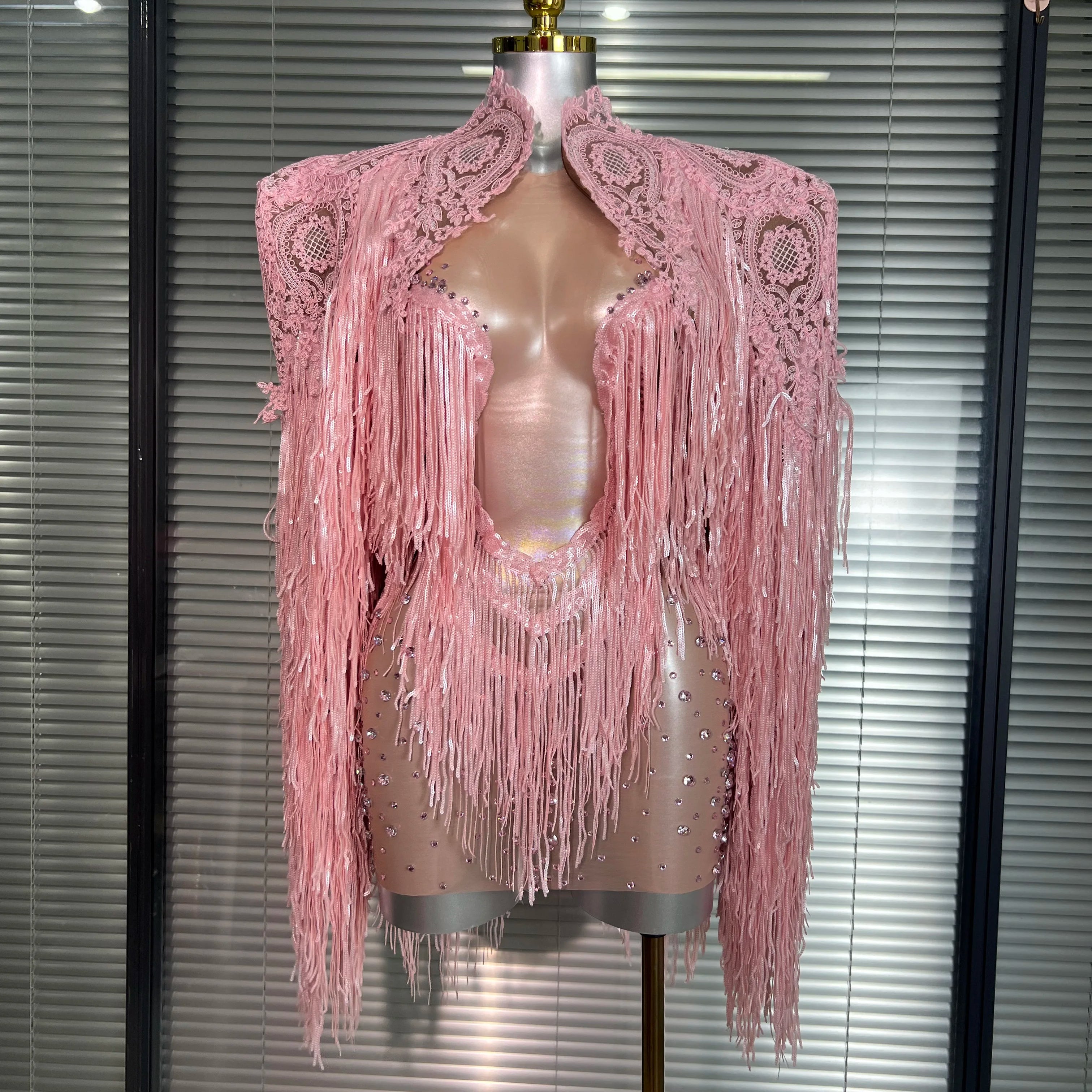 Celebrity New Women Sexy Mesh Sheer Crystal Stage Costume Stage Dancer Night Club Tank Mini Party Dress Coat 2 Pieces Set